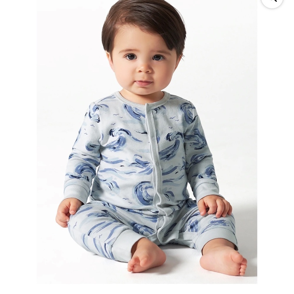 Modern Moments Baby Boys Blue Waves Snap front Knit Sleeper Pajamas 3-6m